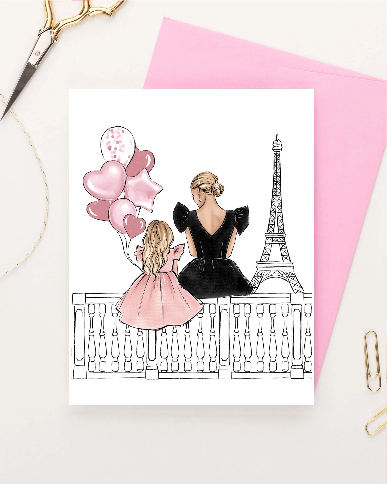 Mother and daughter in Paris greeting card fashion illustration