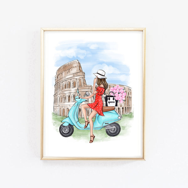 Girl on Vespa in Rome art print fashion illustration