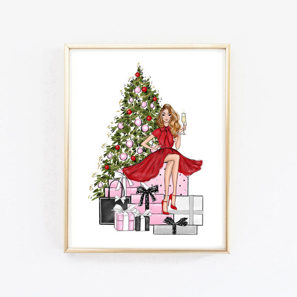 Christmas art fashion illustration of a girl on the gift boxes and Christmas tree