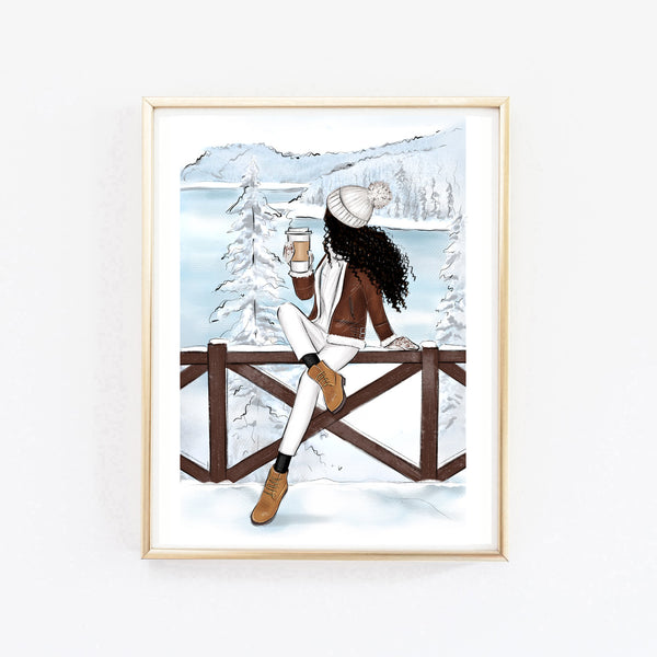 Winter art print fashion illustration of a girl in Switzerland mountains