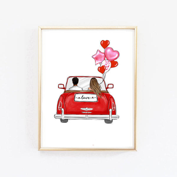 Couple in car art print fashion illustration