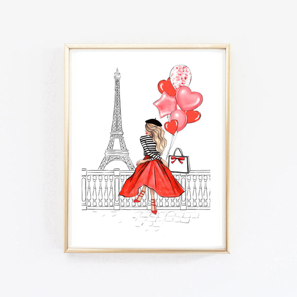 Girl in Paris with balloons art print fashion illustration