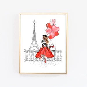 Girl in Paris with balloons art print fashion illustration