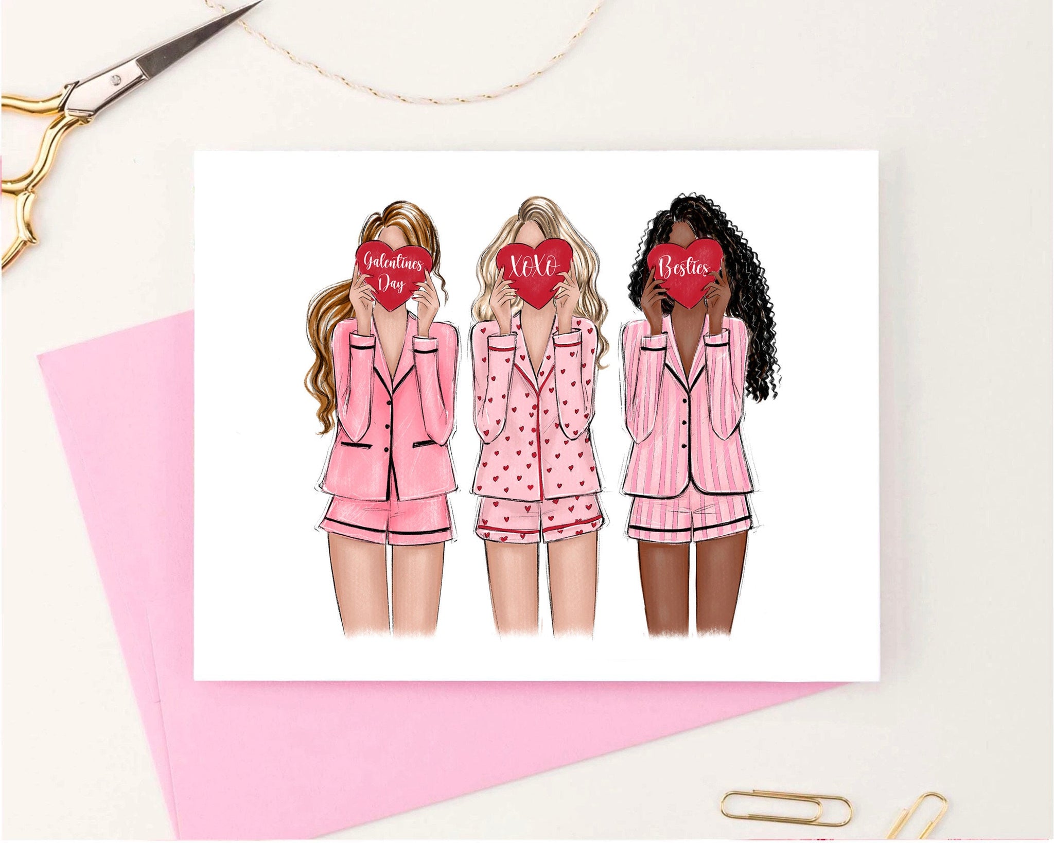 Set of 5 Galentines day greeting cards fashion illustration