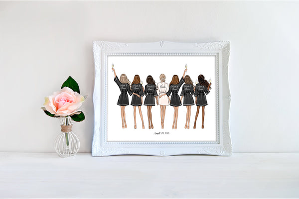Personalized bride and bridesmaids in black robes art print