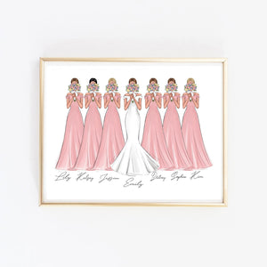 Personalized bride and bridesmaids art print.