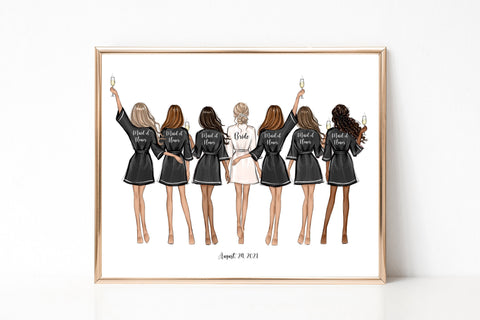 Personalized bride and bridesmaids in black robes art print