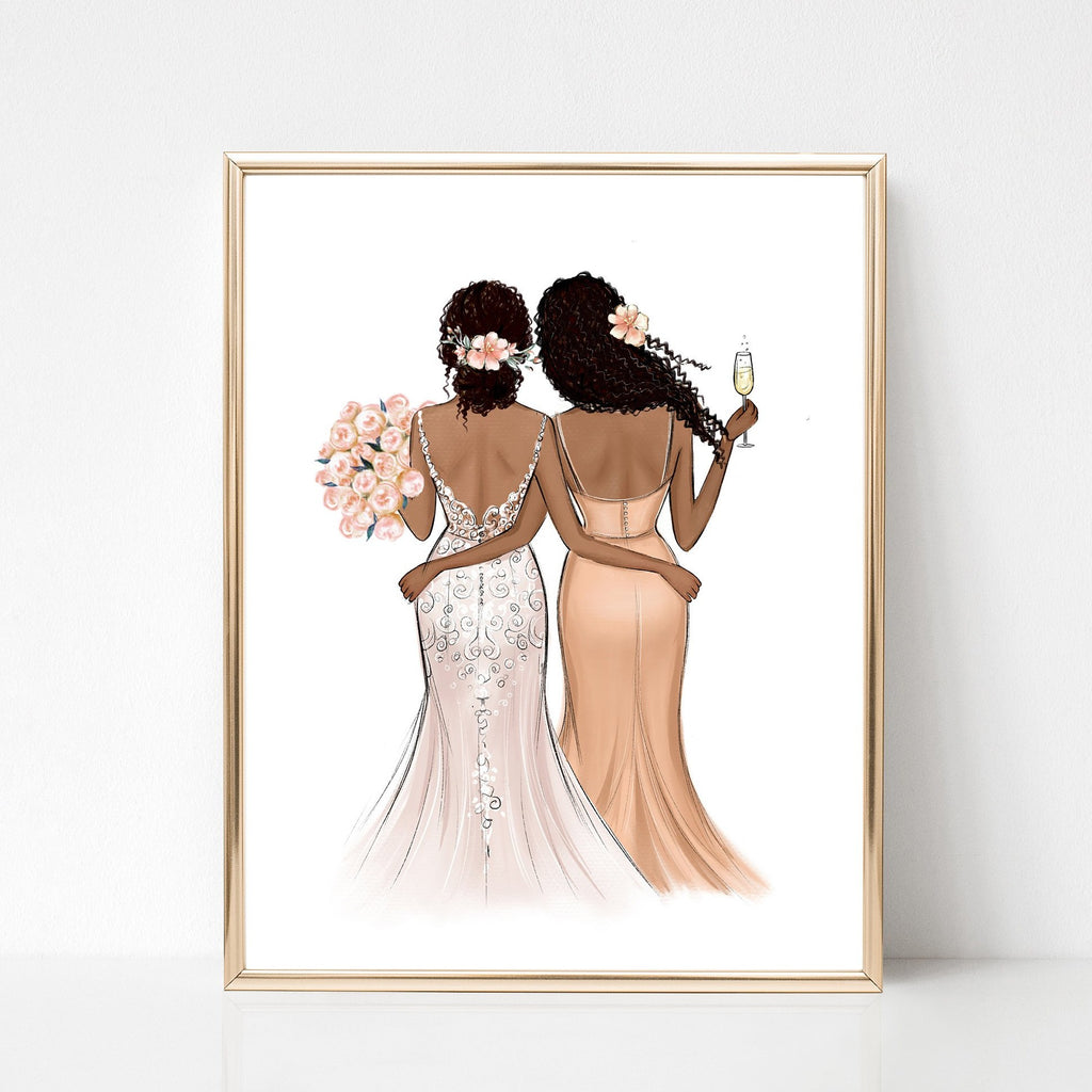 Personalized bride and bridesmaid art print. Custom wedding illustrati – Lalana Arts