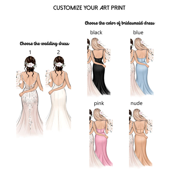 Personalized bride and bridesmaid art print. Custom wedding illustrati ...