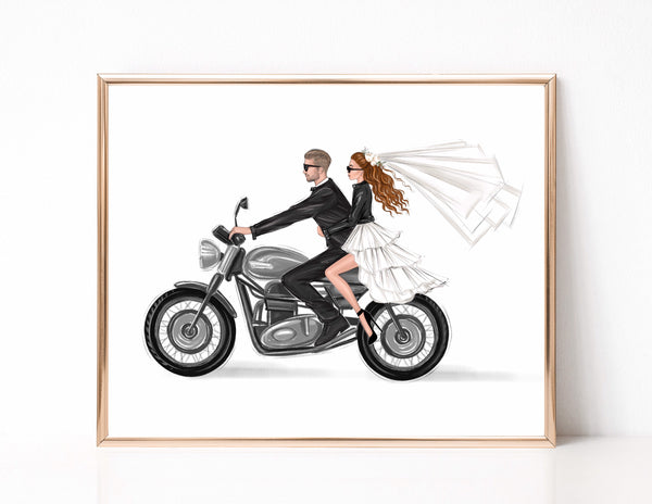 Personalized illustration of couple on motorbike. Customizable wedding art print