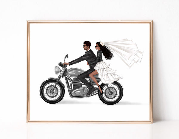 Personalized illustration of couple on motorbike. Customizable wedding art print