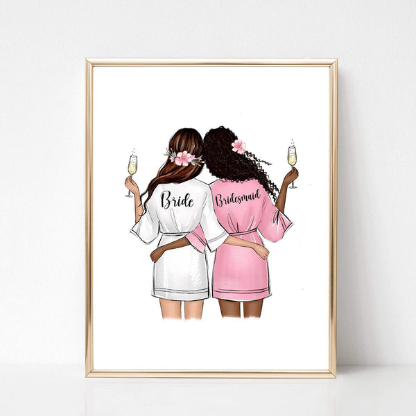 Personalized bride and bridesmaid in robes art print. Customizable wedding illustration