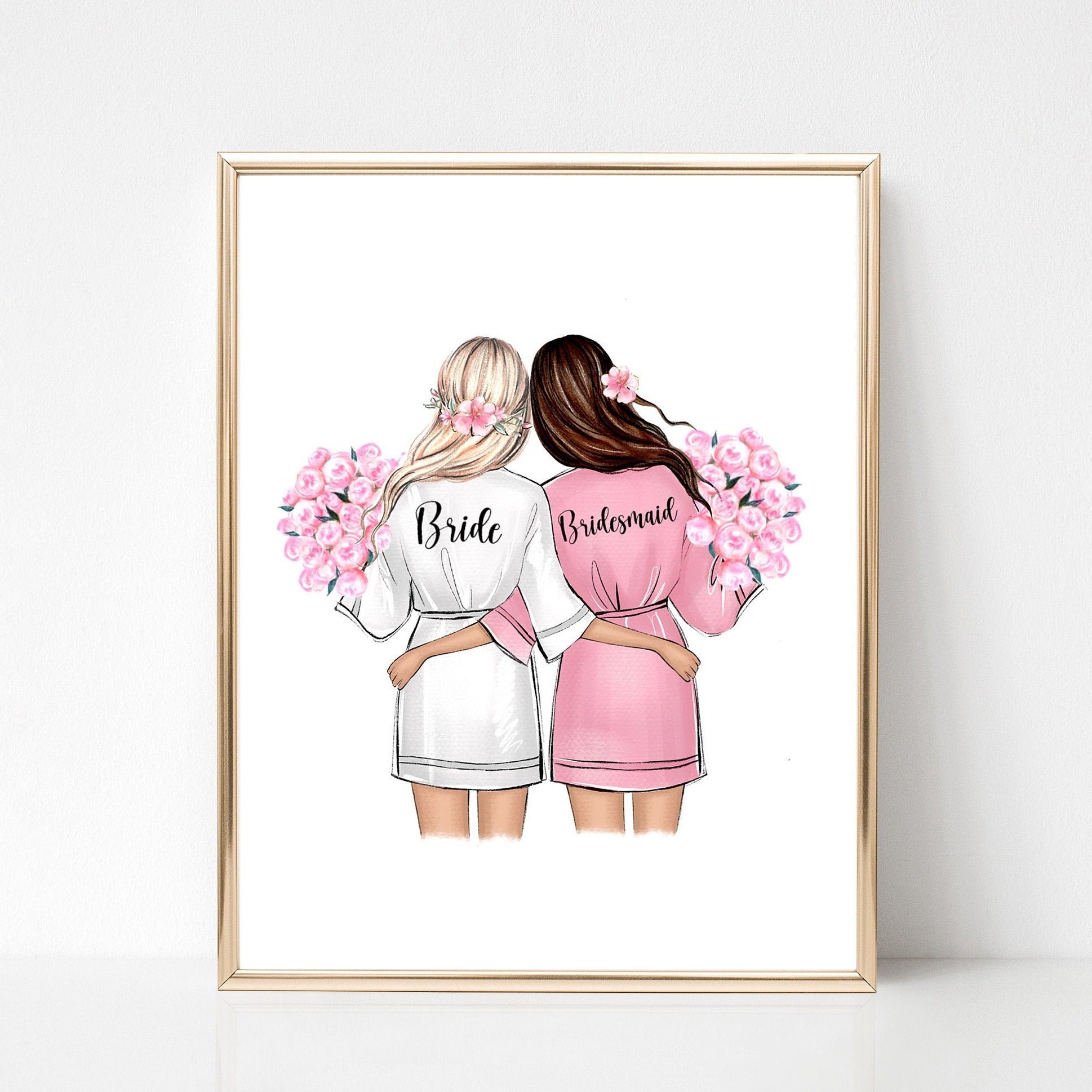 Personalized bride and bridesmaid in robes art print. Customizable wedding illustration