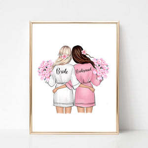 Personalized bride and bridesmaid in robes art print. Customizable wedding illustration