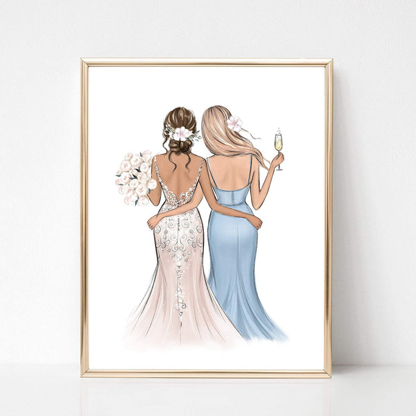 Personalized bride and bridesmaid art print. Custom wedding illustration