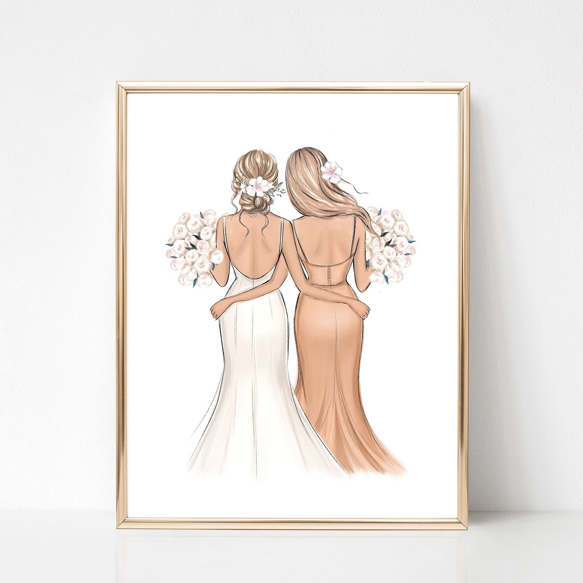 Personalized bride and bridesmaid art print. Custom wedding illustration