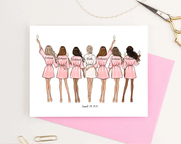 Personalized card of bridesmaids in pink robe. Bridesmaid gift card