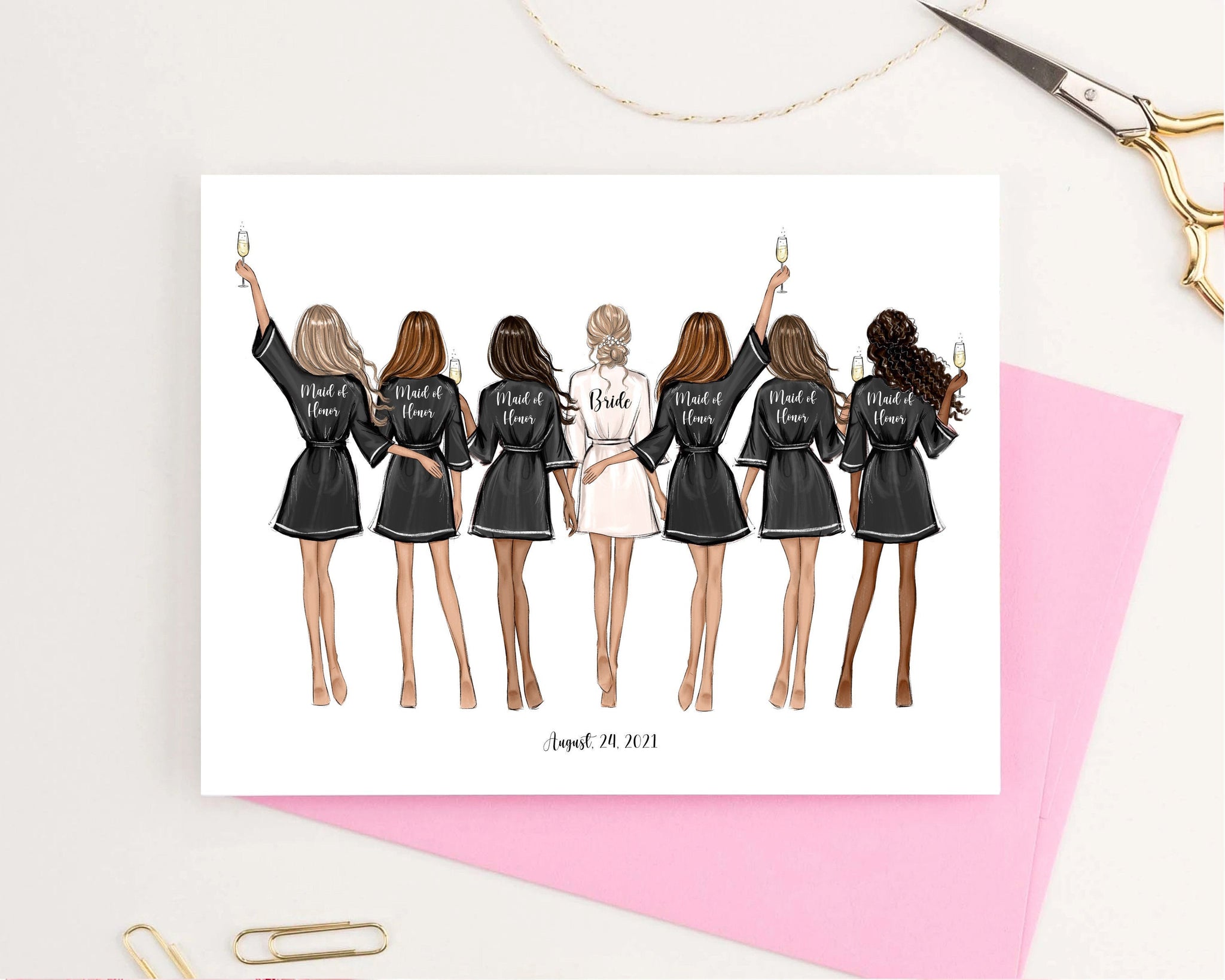 Personalized card of bridesmaids in black robes. Bridesmaid gift card