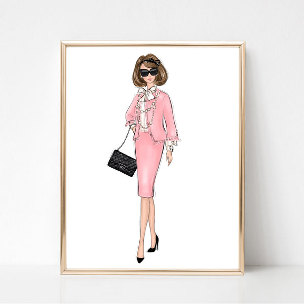 Girl in pink classy sassy outfit fashion illustration art print