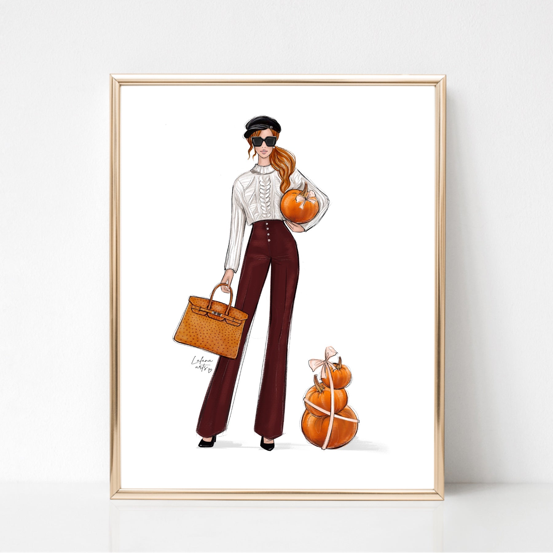Fashionista girl with pumpkins art print fashion illustration