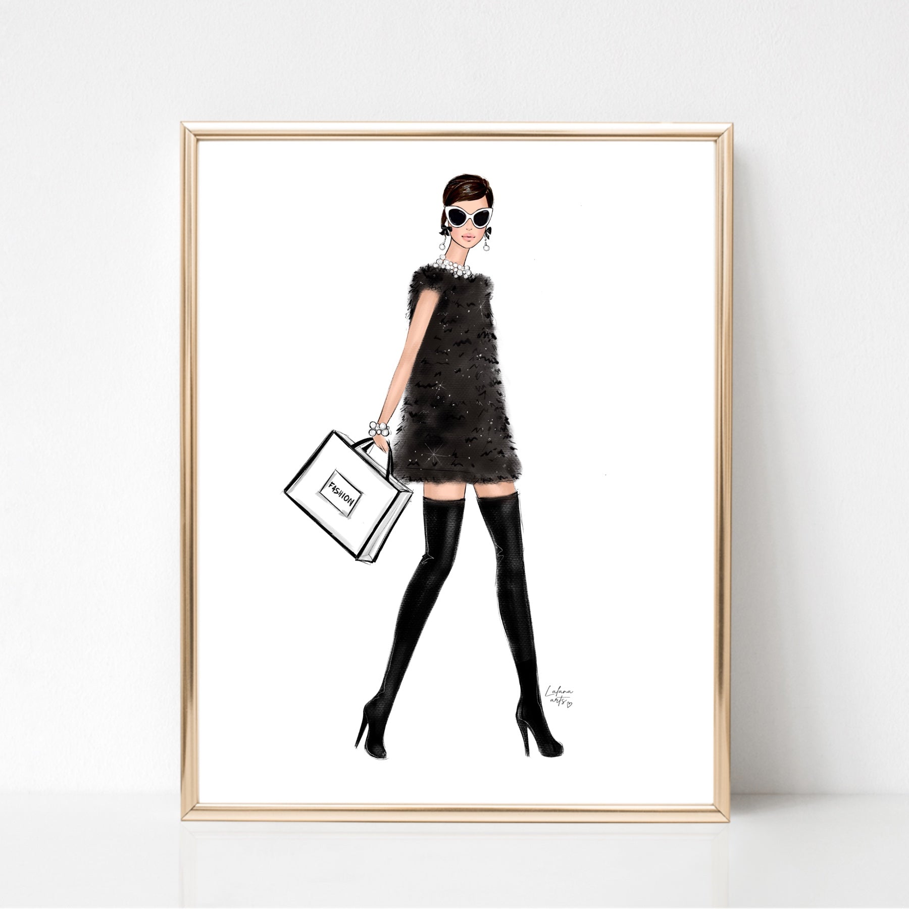 black dress fashion sketch Girl in black and white sassy outfit fashion illustration art print Lalana Arts