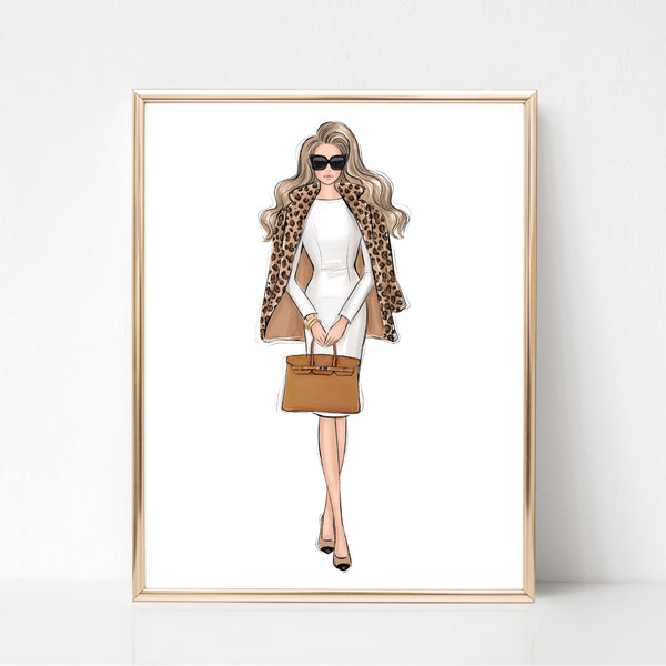 Girl in leopard jacket fashion illustration art print
