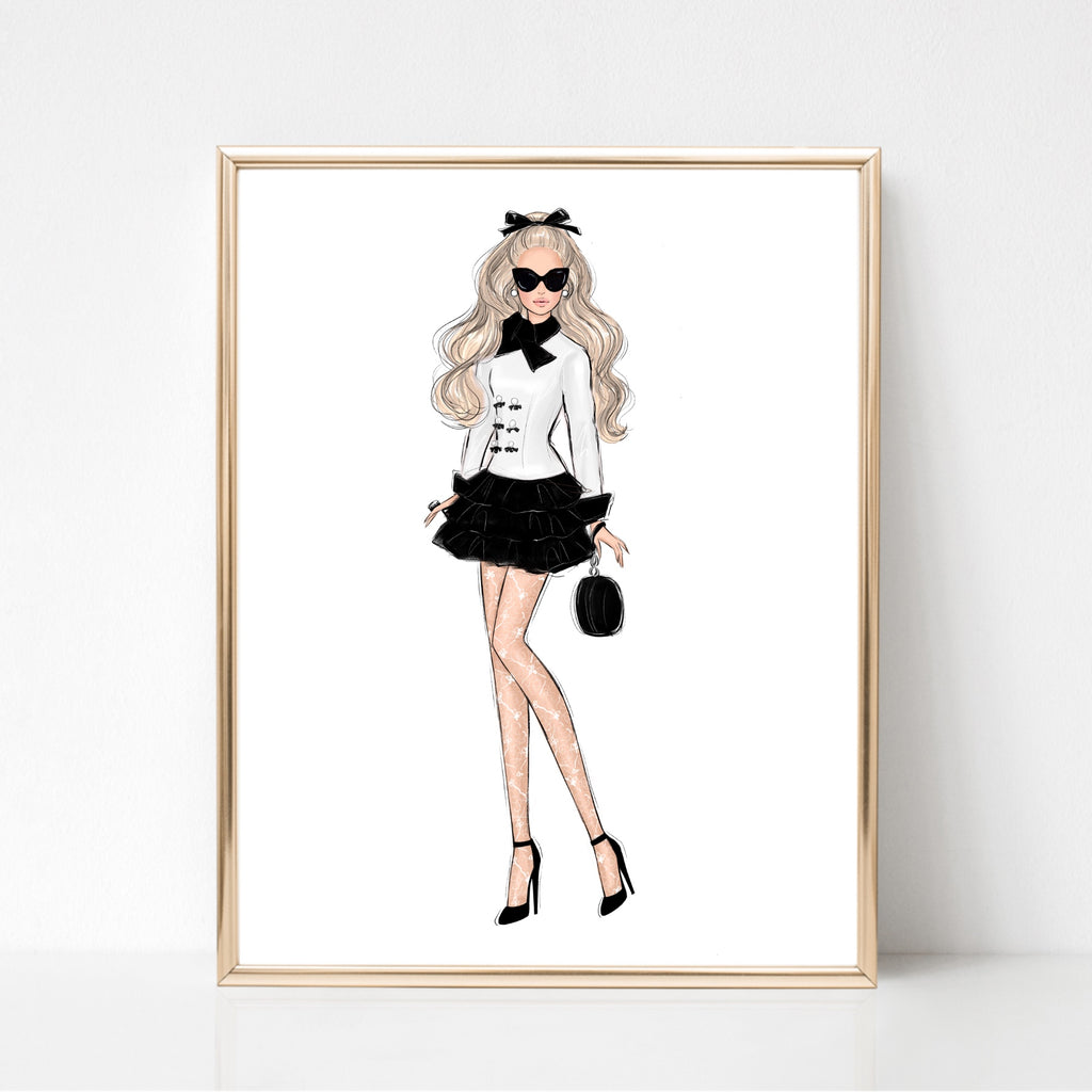 Girl in black and white sassy outfit fashion illustration art print –  Lalana Arts