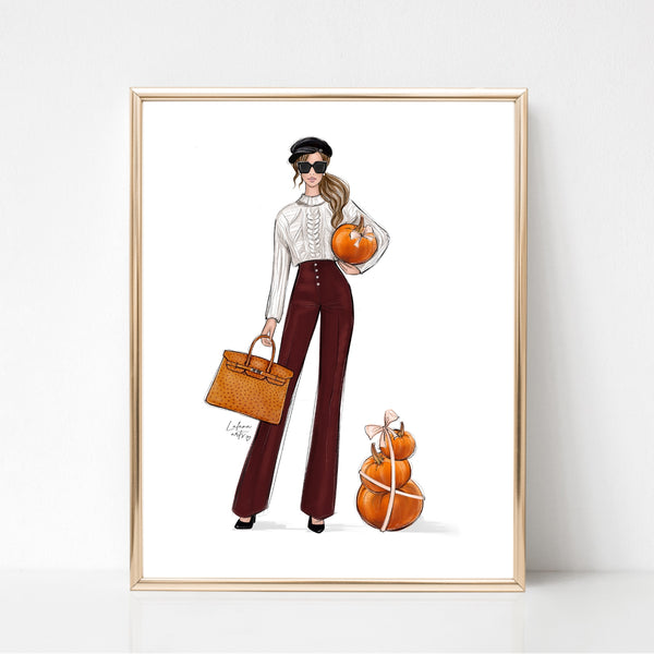 Fashionista girl with pumpkins art print fashion illustration