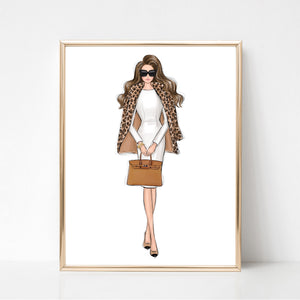 Girl in leopard jacket fashion illustration art print