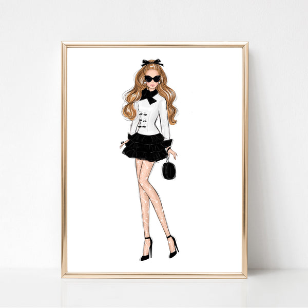 Girl in black and white sassy outfit fashion illustration art print